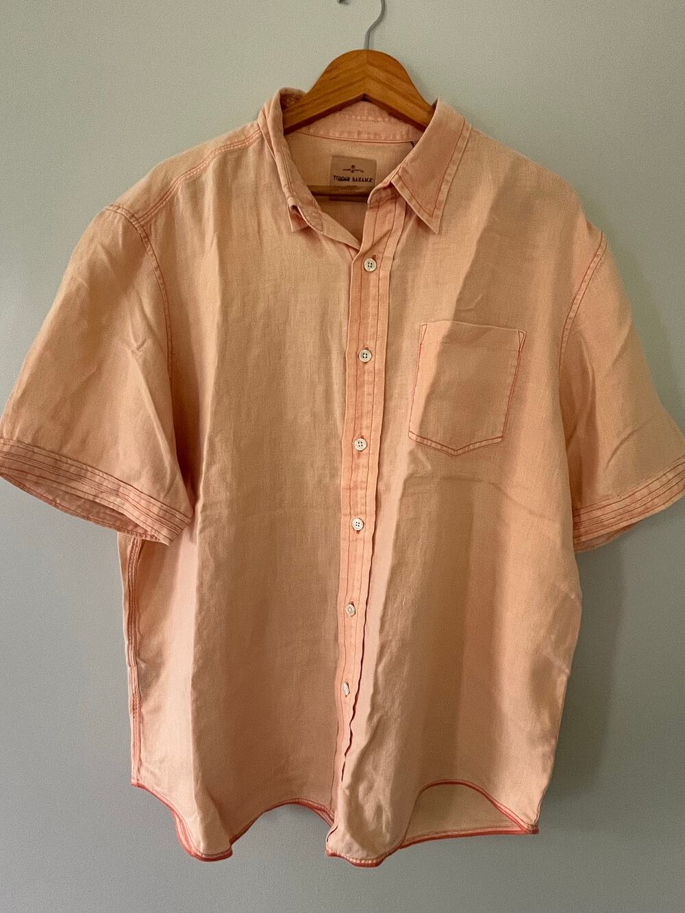Tommy Bahama Mens XL 100% Linen Shirt Peach Pink Short Sleeve Button Up